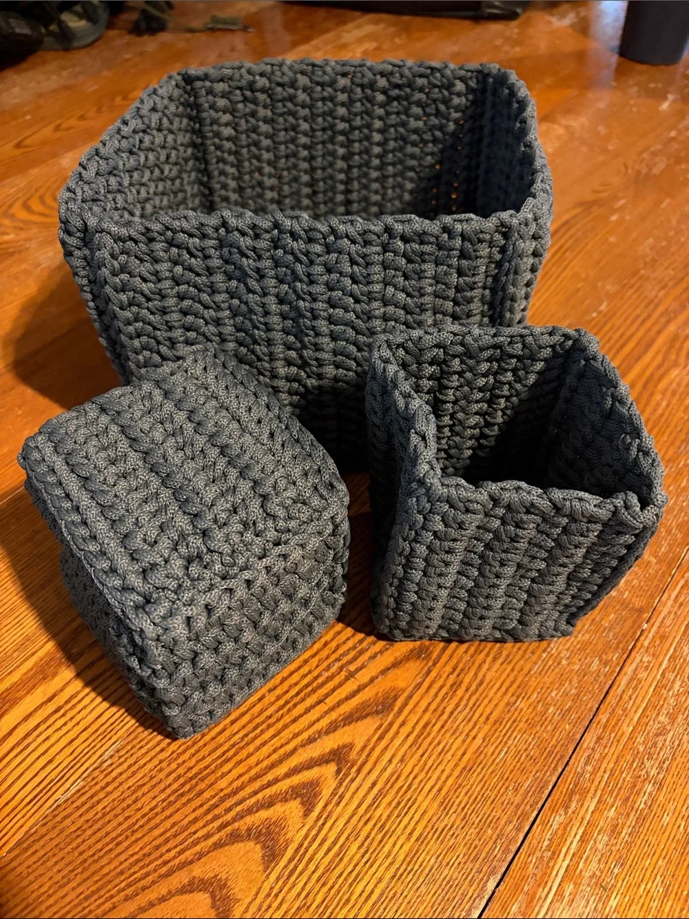 Heavy Cable Knit Charcoal Crochet Storage Baskets - Set of 3